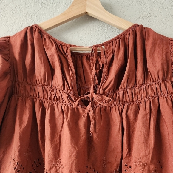 MNG Shirred Eyelet Crop Puff Sleeve Ruffle Top Terracotta Boho Prairie Peplum 2 - Picture 9 of 12